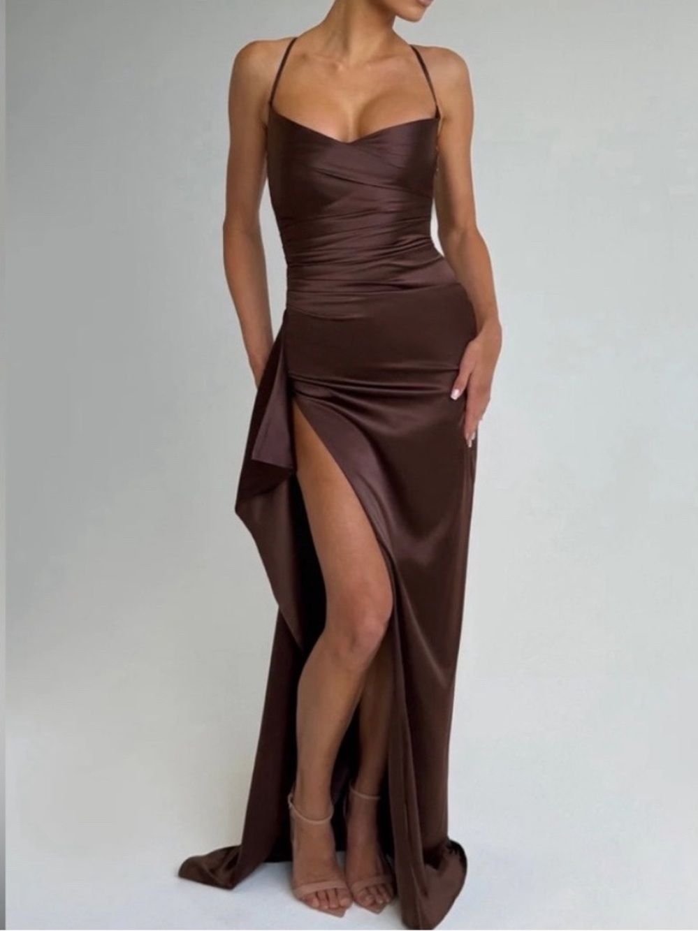 New Babyboo Helen Maxi Dress Ruched Satin Plum Brown Extra Small